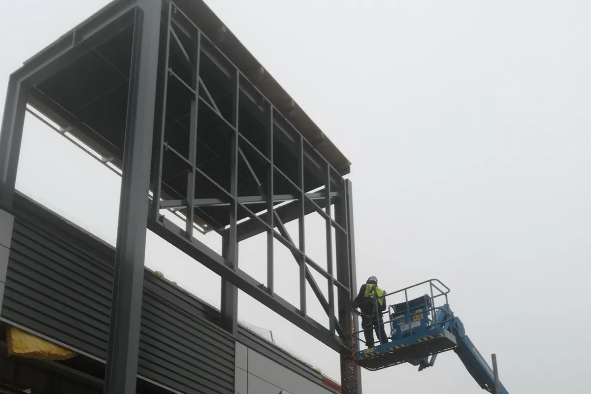 Cherry-picker access for signage steelwork, Dreams store, Colchester, McGregor Builders