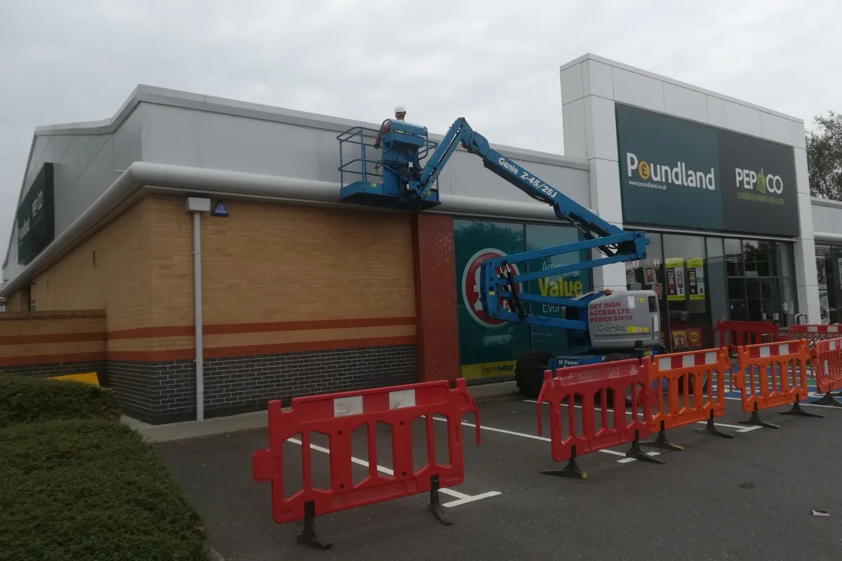 Cherry picker repaint of the Poundland / PEP&CO storefront, Ipswich, McGregor Builders
